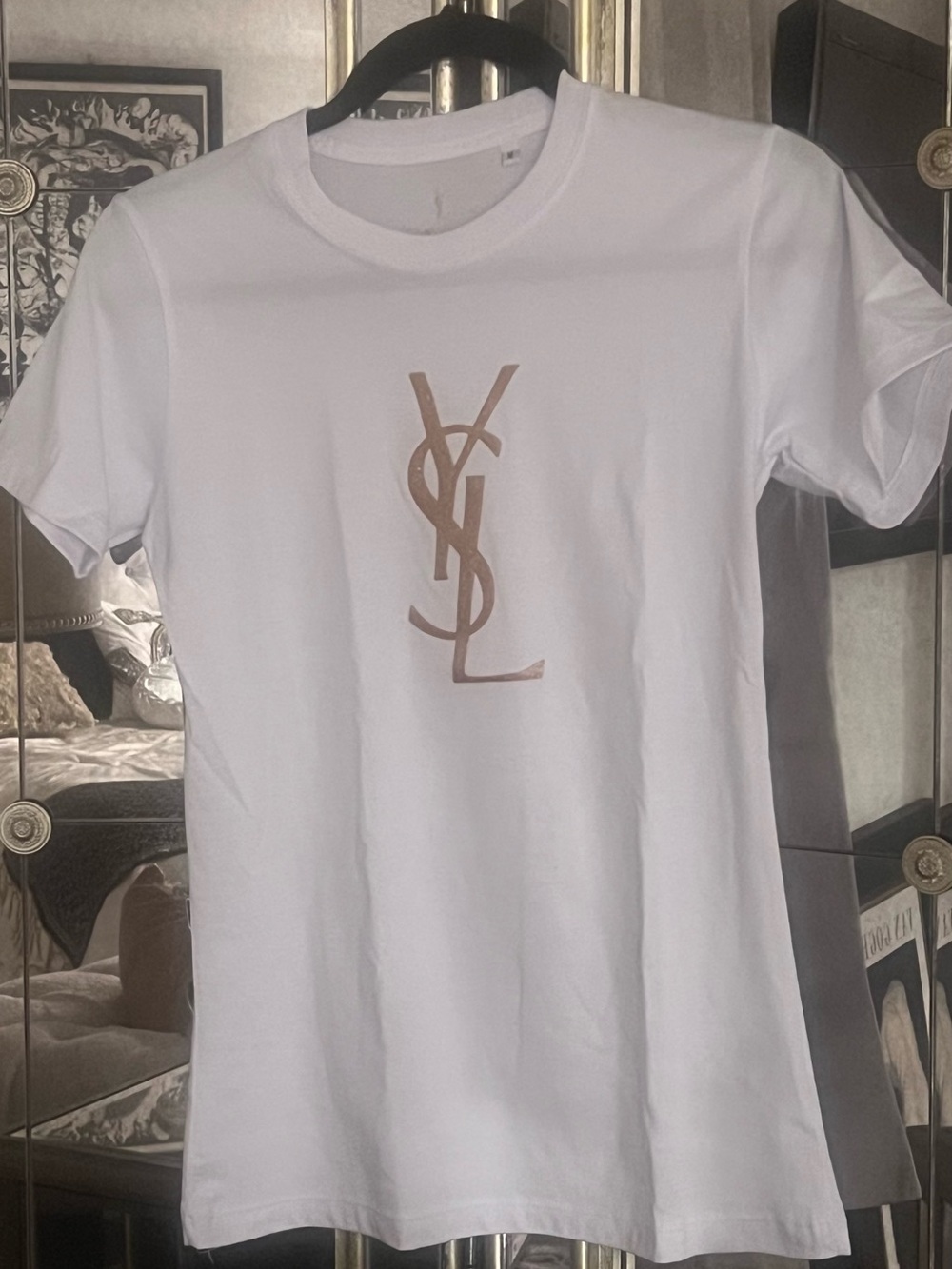 NEW Yves Saint Laurent Style White Tee with Gold Glitter Logo
